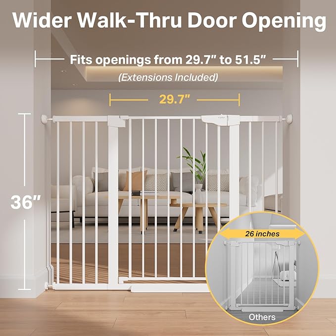 Cumbor 36" Extra Tall 29.7-51.5" Baby Gate for Stairs, Easy Walk Through Dog Gates for Doorways Extra Wide, Pressure Mounted Tall Pet Gate Indoor, Safety Auto-Close Child Gate for Kids, White