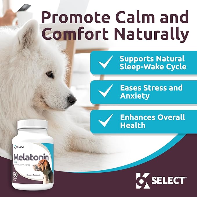 K9 Select Melatonin for Large Dogs - Anxiety Relief Treats for Sleep, Stress, Thunderstorms & Fireworks - Calming Chews for Dogs Anxiety Small & Large Breed, 6 mg, 120 Peanut Butter Tablets