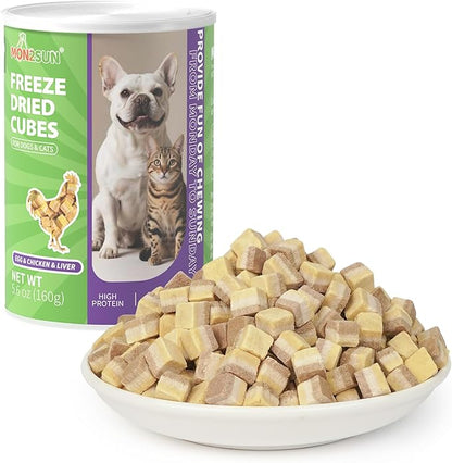 MON2SUN Triple-Layer Freeze Dried Cat & Dog Treats, Chicken, Egg & Chicken Liver Recipe Cube, Grain-Free High Protein Snacks, All Natural Food Topper or Training Rewards, 5.6oz