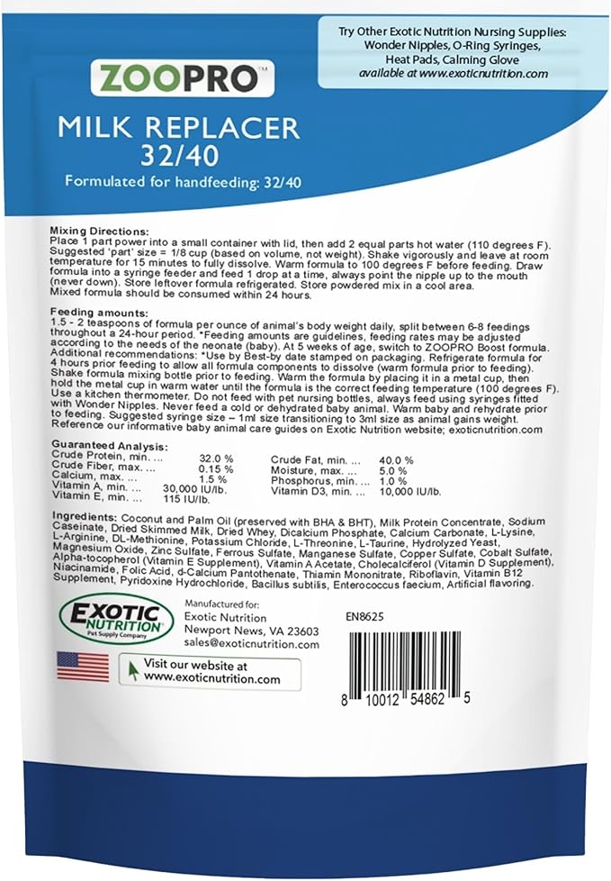 Exotic Nutrition ZooPro Milk Replacer 32/40 Formula for Baby Squirrels 8.8 oz.