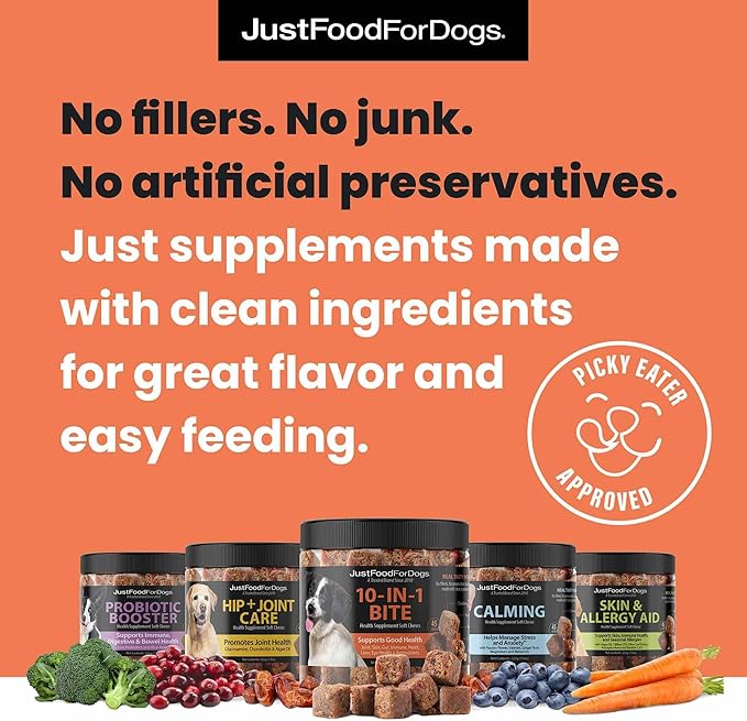 JustFoodForDogs 10-in-1 Supplement for Dogs, Human Grade Dog Supplements, Multivitamin Soft Chews, Immune, Skin and Joint Support, Omega 3 Oil, Superfood Blend, Plant Based Dog Vitamins - 45 Count