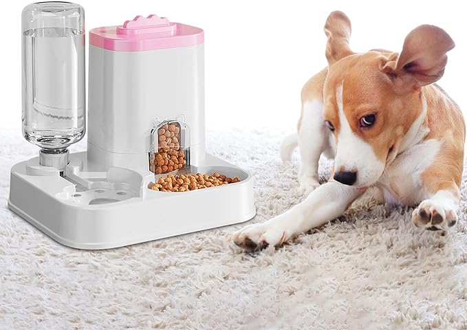 Automatic Dog Cat Feeder and Water Dispenser Combo, 10L Large Capacity Pet Food and Water Station with Integrated Bowl for Multiple Pets (Pink)