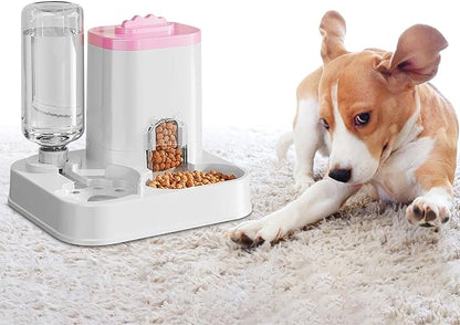 Automatic Dog Cat Feeder and Water Dispenser Combo, 10L Large Capacity Pet Food and Water Station with Integrated Bowl for Multiple Pets (Pink)