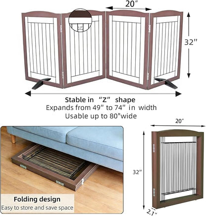 ZJSF Freestanding Dog Fence Indoor, Foldable Dog Gate for Doorways, Stairs or Hallways, Sturdy Wood Extra Wide Pet Gate with Support Feet for The House, Brown, 32 "Height-4 Panels