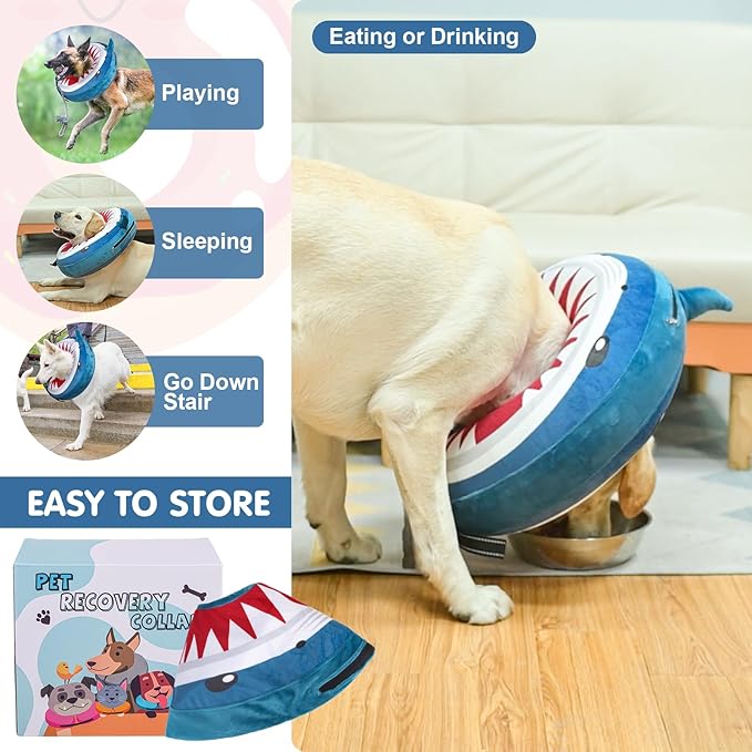 BEAUTYZOO Dog Cone Alternative After Surgery for Large Medium Small Dogs, Soft Inflatable Cone Collar for Dogs Cats, Dog Neck Donut E Collar Recovery Collar to Stop Licking, Shark Blue S