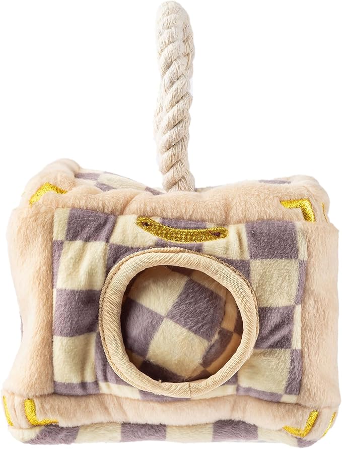 Haute Diggity Dog Chewy Vuiton Trunk Puzzle with 3 Plush Squeaky Dog Toys, Soft Durable Designer-Inspired Stuffed Puppy Chew Toys for Small & Medium Dogs, Machine-Washable (Tan Checker) One Size