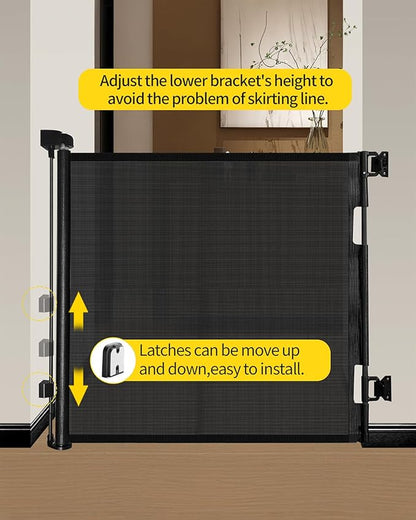 Retractable Baby Gate for Stairs – 33” Height, Expands up to 71” Width – Safety Gate for Infants, Toddlers, Dogs & Pets – Easy Install, Secure Closure, Black Mesh Design for Indoor & Outdoor Use