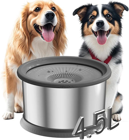 4.5L Dog Water Bowl No Spill 1.2 Gallon Stainless Steel Water Bowl for Dogs 150oz No Mess Slow Water Feeder with Anti-Slip Mat for Messy Drinkers 4.5L+2 Filters