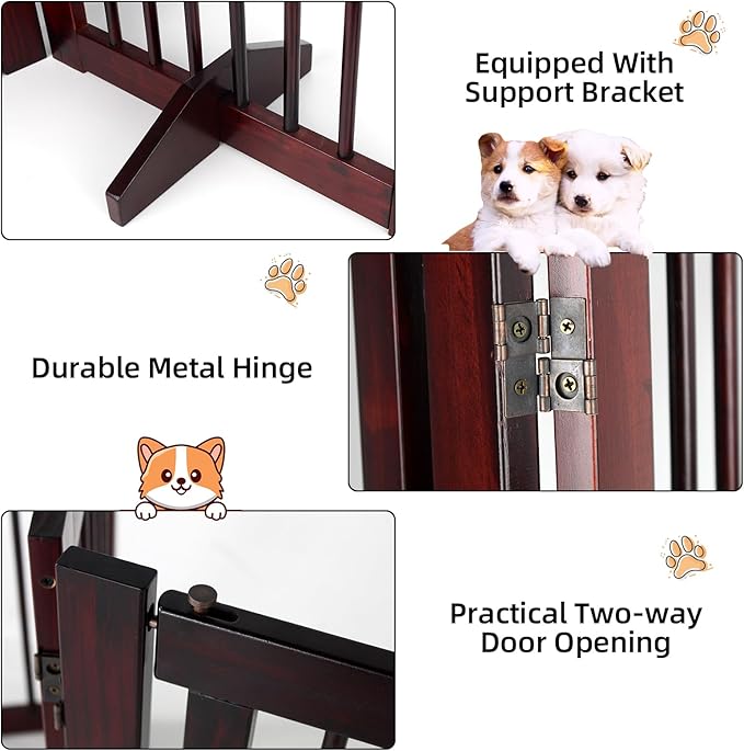 Indoor Dog Gate, Wooden Freestanding Pet Gate, Foldable Dog Gates for Doorways, No Drilling for The House, Doorways, Hallways,or Stairs, 30" Height 4 Panels Set of Support Feet Included (Espresso)