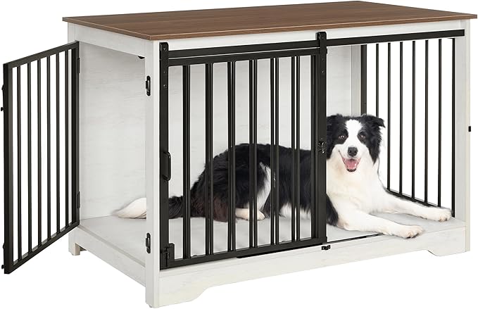 Hzuaneri 39.4" Heavy Duty Dog Crate Furniture with Barn Door, Wood Indoor Dog Crate Kennel for Small/Medium/Large Dogs, End Side Table, TV Stand, Anti-Chew Anti-Escape, White Brown DFC02314B