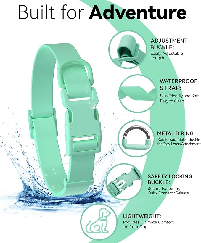 Waterproof Dog Collar, Rubber Adjustable Collars with Quick Release Buckle, Odor-Resistant, Easy to Clean Pet Collars for Small Medium or Large Dogs (Turquoise, M 11.8-18.5 inch)