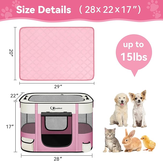 Dog Playpen,Cat Pet Puppy Pen,Portable Playpens for Dogs Indoor Outdoor Travel Camping Use,Foldable Dog Kennel Tent Crate for Rabbit Small Animals with Carrying Case (Pink with Pad, Small)