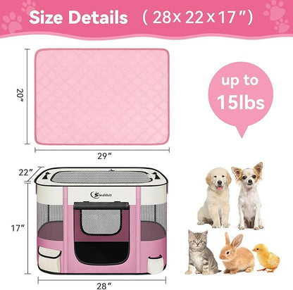 Dog Playpen,Cat Pet Puppy Pen,Portable Playpens for Dogs Indoor Outdoor Travel Camping Use,Foldable Dog Kennel Tent Crate for Rabbit Small Animals with Carrying Case (Pink with Pad, Small)