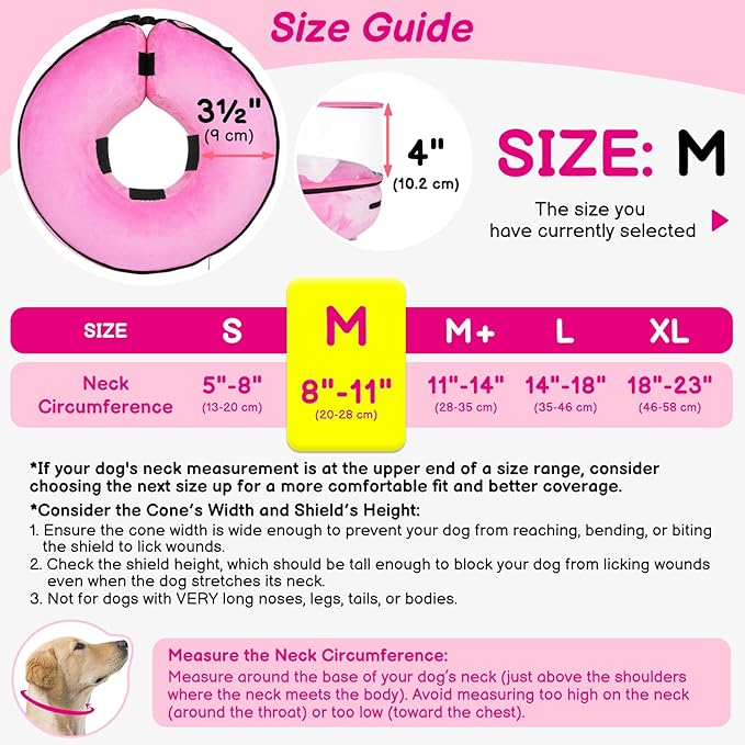 BARKLESS Inflatable Dog Cone, Protective Dog Surgery Collar to Stop Licking Biting Wounds, Patented Soft Donut Cone with Clear Shield, Adjustable Blow-up Collar for Surgery (Pink, M (Neck: 8"-11"))