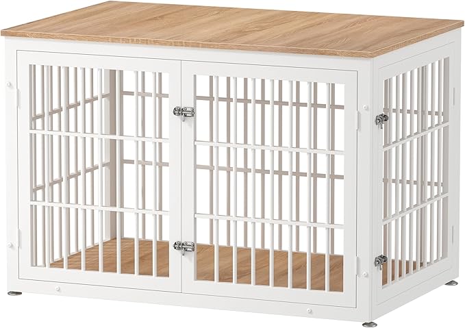 rehomerance 48 Inch Heavy Duty Dog Crate Furniture for Large Dogs, Decorative Pet House End Table, Extra Large Wooden Cage Kennel Furniture Indoor, Natural and White