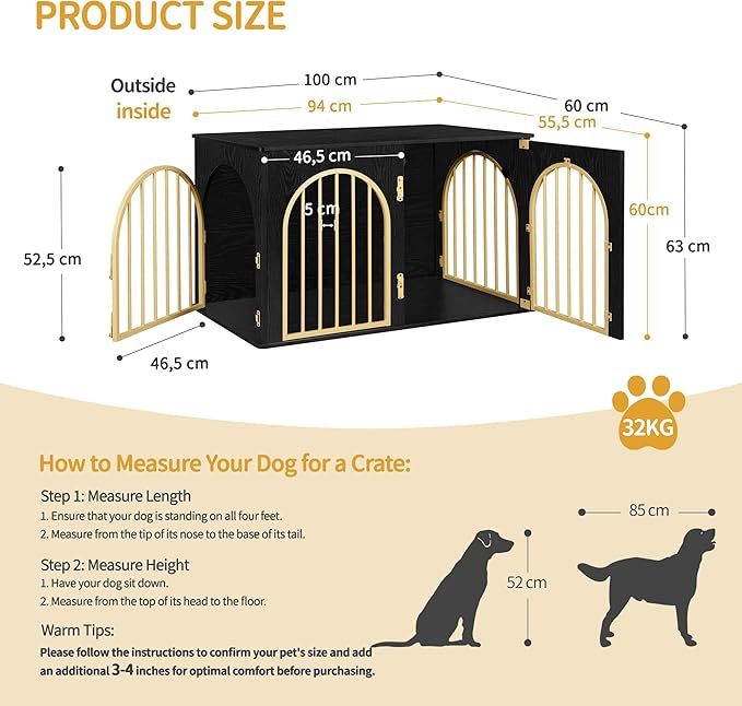 Hzuaneri 39.4" Wooden Dog Crate Furniture, Indoor Dog Kennel Dogs Cage for Small/Medium/Large Dogs, Heavy Duty Dog Crates Decorative Pet House End Side Table TV Stand, Black Gold DFC84104A