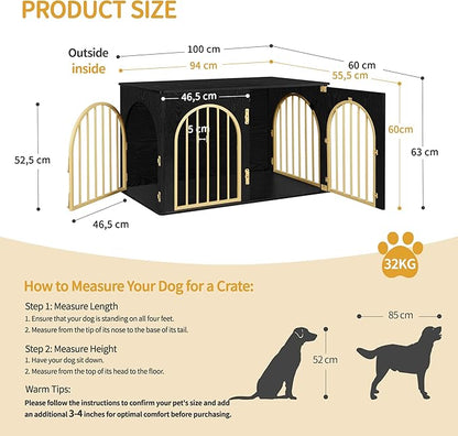 Hzuaneri 39.4" Wooden Dog Crate Furniture, Indoor Dog Kennel Dogs Cage for Small/Medium/Large Dogs, Heavy Duty Dog Crates Decorative Pet House End Side Table TV Stand, Black Gold DFC84104A