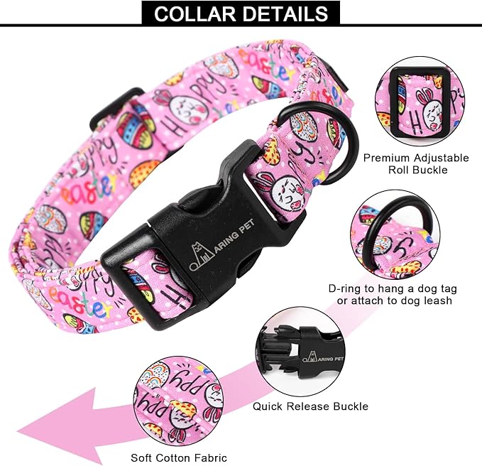 ARING PET Easter Dog Collar, Cute Pink Eggs Pet Collars with Quick Release Buckle for Puppy Small Medium Large Boy Girl Dogs-L