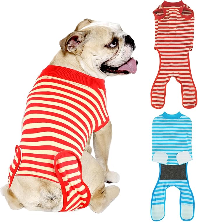 2 Packs Breathable Cotton Dog Recovery Suit for After Neuter Spay Abdominal Wounds Protector, Professional Anti-Licking Onesies for Male Female Pets Surgery Bandages, L Red & Blue Stripes