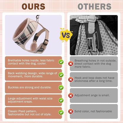 SCENEREAL No Pull Dog Harness Collar and Leash Set for Small Sized Dogs, Soft Mesh Plaid Harnesses for Fall Winter, Adjustable Pet Vest for Outdoor Walking Training and Running