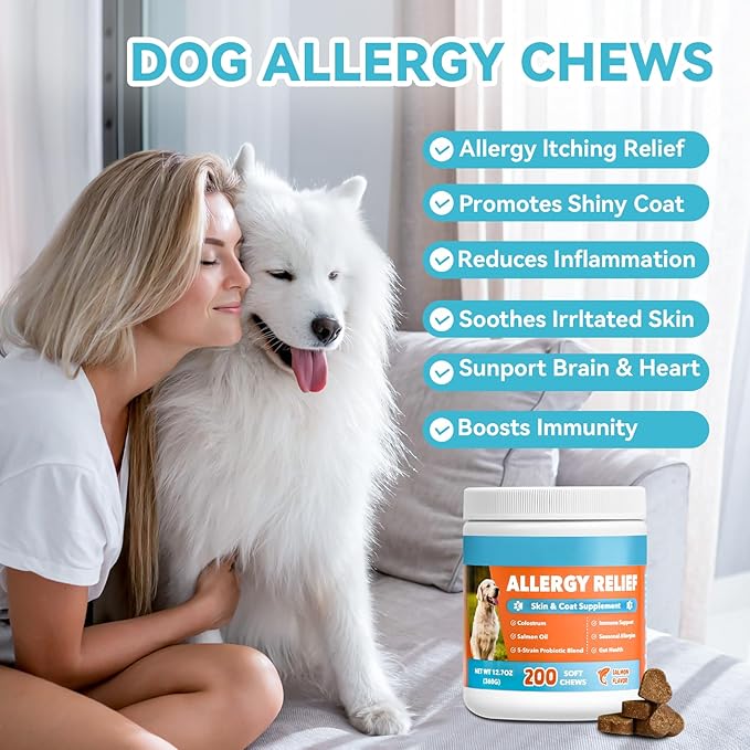 Dog Allergy Chews 200ct, Dogs Allergy Relief Chews for Paw Licking Itchy Skin Coat Supplement, Dog Itching Relief with Probiotics Colostrum for Dry Skin Itching Licking Seasonal Allergies