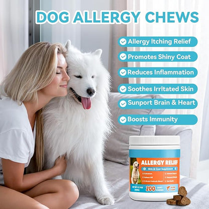 Dog Allergy Chews 200ct, Dogs Allergy Relief Chews for Paw Licking Itchy Skin Coat Supplement, Dog Itching Relief with Probiotics Colostrum for Dry Skin Itching Licking Seasonal Allergies