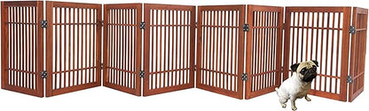 Urnporium Freestanding Wooden Dog Gate Foldable Indoor Pet Gate No Drill Expandable Barrier for Doorways Stairs Hallways Portable Wood Fence for Small Dogs & Puppies (Brown Pet Gate, 8 Panel 24" Tall)