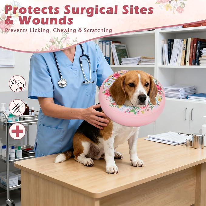 IEUUMLER Inflatable Recovery Dog Cone Collar, Neck Donut Protective ECollar, Adjustable Soft Collar for Dog and Cat After Surgery Prevent from Biting & Licking EU020 Floral Wreath M+