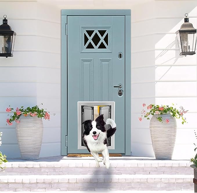 44/54cm Wide Dog Door for Wall, Auto Closing Indoor Pet Gate for Bedrooms/Kitchens/Entryway, Aluminum Alloy Frame with Plastic Doors Panel(Up to 55kg)