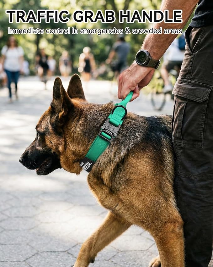 Joytale Tactical Dog Collar with Handle and Metal Buckle, Heavy Duty Padded Military Collar with 2 Patches for Training, Adjustable for XLarge Dogs, Teal, XL