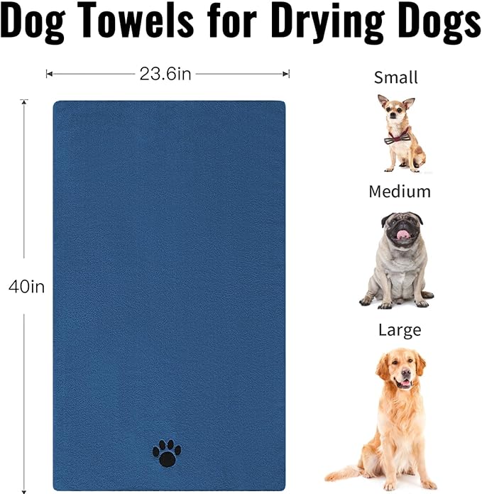 Puomue 3 Pack Microfiber Dog Towels for Drying Dogs, Super Absorbent and Soft Pet Grooming Towel, 40 Inch X 23.6 Inch, Perfect Dog Drying Towels for Large, Medium or Small Dogs, Blue