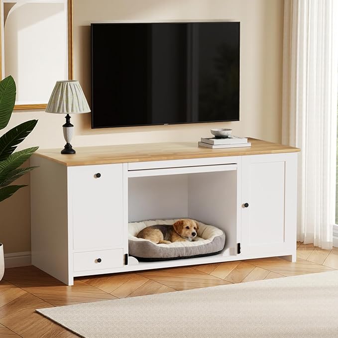55 ” Wooden Dog Crate Furniture for Medium Dogs, End Table Sideboard Heavy Duty Dog House TV Stand with Pull-Out Feeding Station, Storage Cabinets and Drawer, Decorative Indoor White