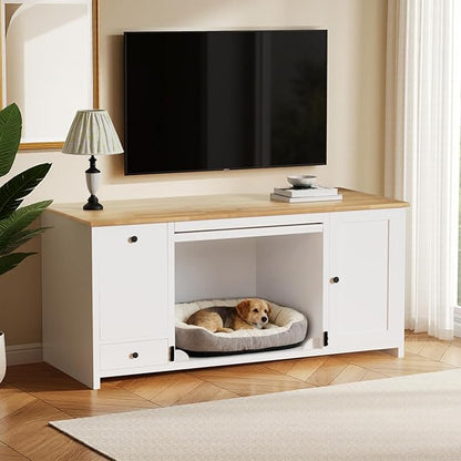55 ” Wooden Dog Crate Furniture for Medium Dogs, End Table Sideboard Heavy Duty Dog House TV Stand with Pull-Out Feeding Station, Storage Cabinets and Drawer, Decorative Indoor White