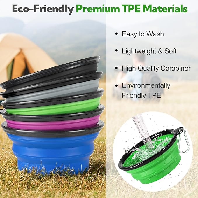 Collapsible Dog Bowl 2 Pack, Dog Water Bowls for Travels, Portable Foldable Pet Bowls Feeding Watering Dish for Parking Walking Camping with 2 Carabiners Clip (12oz, Small, Green+Purple)
