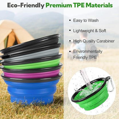 Collapsible Dog Bowl 2 Pack, Dog Water Bowls for Travels, Portable Foldable Pet Bowls Feeding Watering Dish for Parking Walking Camping with 2 Carabiners Clip (12oz, Small, Green+Purple)