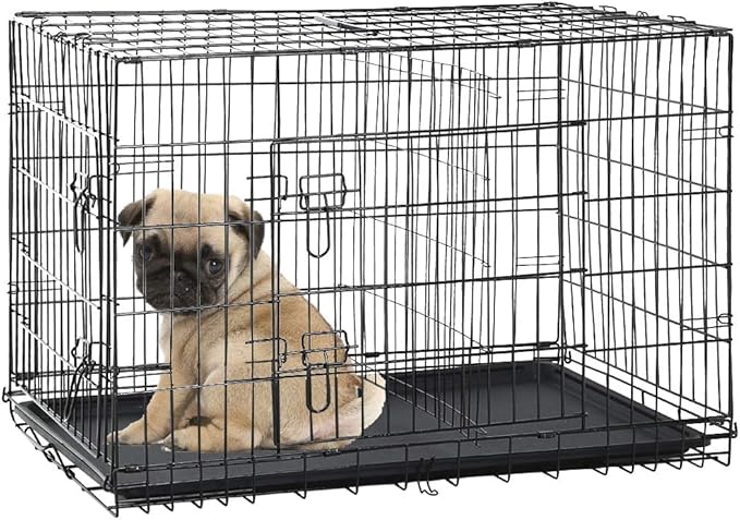 Dog Crate Dog Kennel Cage for Small Dogs, 24" Portable Foldable Indoor Outdoor Large Double Door Wire Metal Puppy Cat Pet Dog Cage with ABS Tray LC & Divider, Black