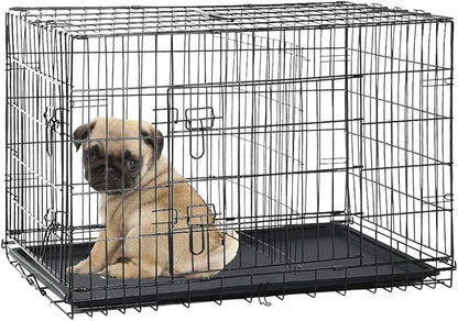 Dog Crate Dog Kennel Cage for Small Dogs, 24" Portable Foldable Indoor Outdoor Large Double Door Wire Metal Puppy Cat Pet Dog Cage with ABS Tray LC & Divider, Black