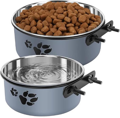 Kathson 2 Pcs Dog Kennel Crate Feeder, Stainless Steel No Spill, Hanging Metal Pet Food Bowl for Cats Small Medium Dogs (Gray)