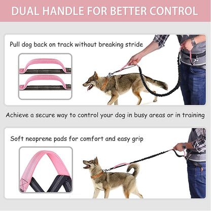 LANNEY Hands Free Dog Leash, Waist Running Leash with Zipper, Walking Pouch for Medium Large Dogs, Dual Handle and Retractable Bungee for Training Jogging Hiking(25-120 lbs, Pink)