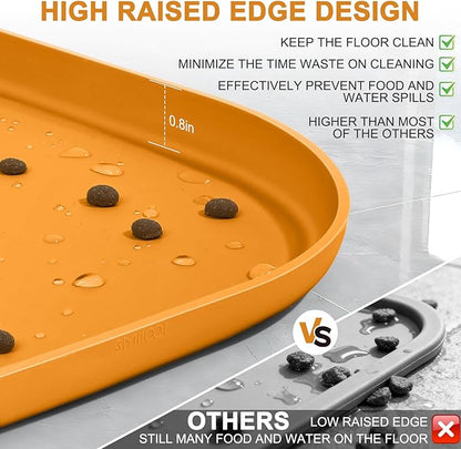 Smilool Silicone Pet Food Mat with Raised Edge for Food and Water Bowl, Dog Feeding Mats, Cat Food Trays for Floor Waterproof, Rubber Tray for Dogs and Cats, 22 x 14 x 0.8 Orange