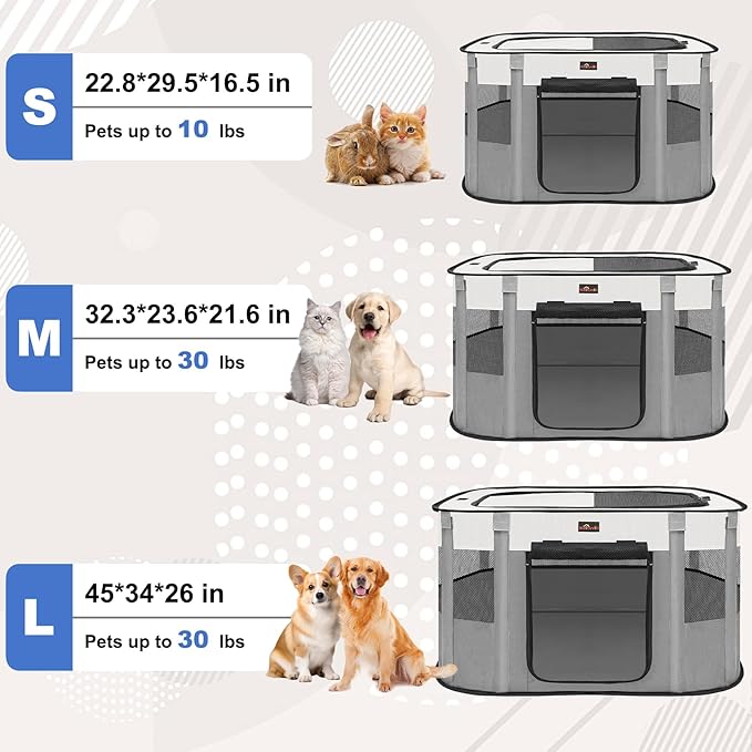 Dog Playpen, Pet Playpen, Foldable Kitten cage Puppy Play Pen, Portable Dog Kennel Tent Crate, Indoor Outdoor Travel Camping Use for Small Animals with Carrying Case (Grey S)
