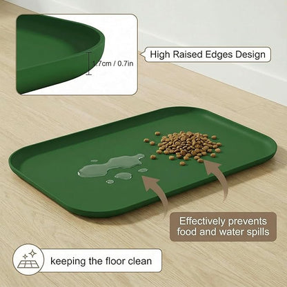 BLESWIN Waterproof Silicone Pet Feeding Mat Green with Raised Edge,24" x 16"Non-Skid Spill Proof Dog Bowl Mats, Easy Clean Cat Bowls Placemat for Cats and Dogs