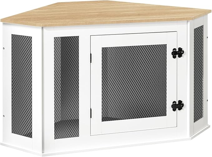 MAHANCRIS Corner Dog Crate Furniture, Wooden Dog Kennel End Table, Decorative Pet Crate Indoor Use, Furniture Style Dog House for Small Medium Dog, Dog Cage TV Stand, White and Natural DCBN0801