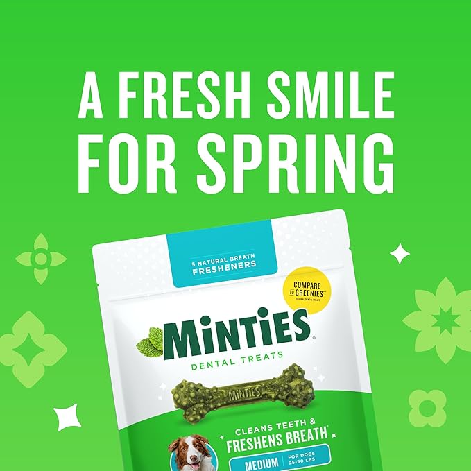 Minties Dental Chews for Dogs, 40 Count, Vet-Recommended Mint-Flavored Dental Dog Treats for Medium Dogs, Bones Clean Teeth, Fight Bad Breath, and Removes Plaque and Tartar