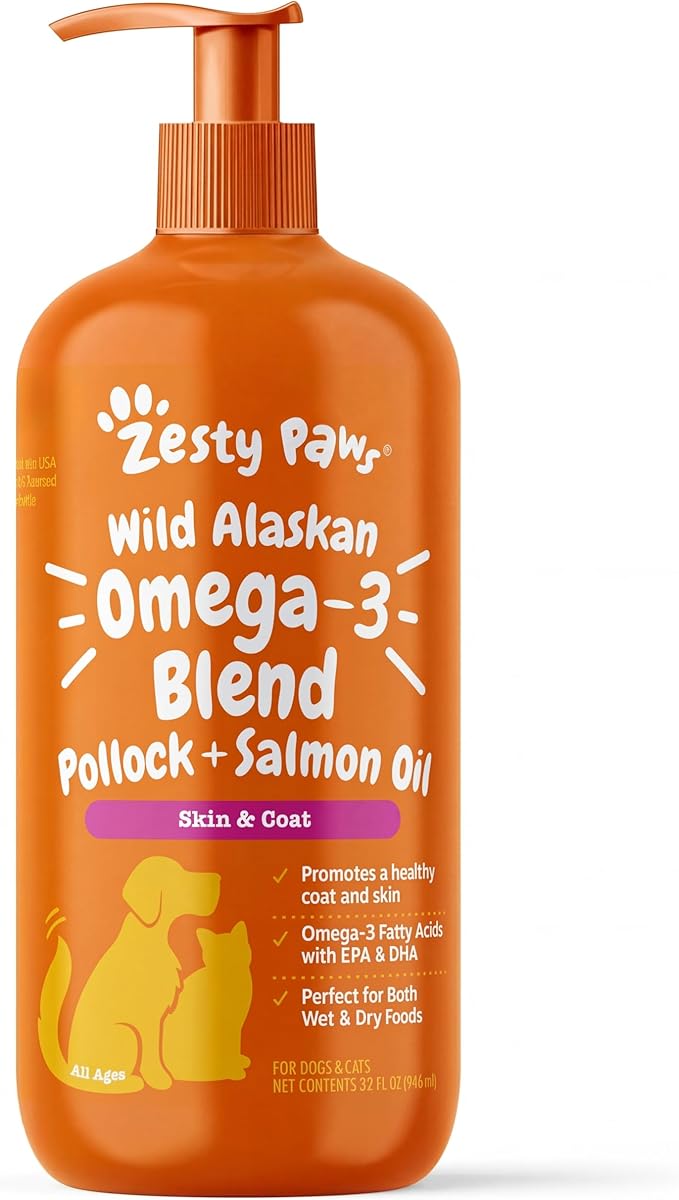 Zesty Paws Wild Alaskan Omega-3 Blend Pollock + Salmon Oil for Dogs and Cats- Skin and Coat Support, Omega 3 Supplement for Pets, 32oz