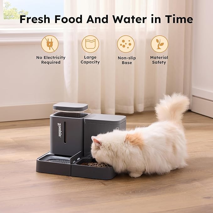 ZOMISIA Gravity Cat Feeder and Water Dispenser, 2 in 1 Automatic Cat Feeder with 180 Degree Rotatable, 2 Pack Large Capacity Self Feeding for Small Medium Dog Puppy Kitten, Grey, 0.8 Gallon x 2