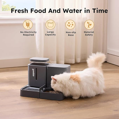 ZOMISIA Gravity Cat Feeder and Water Dispenser, 2 in 1 Automatic Cat Feeder with 180 Degree Rotatable, 2 Pack Large Capacity Self Feeding for Small Medium Dog Puppy Kitten, Grey, 0.8 Gallon x 2