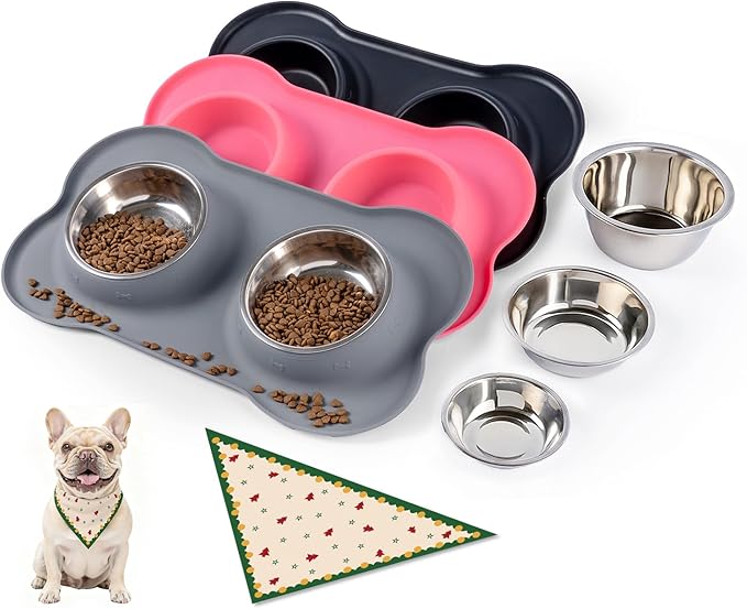 Conlun Dog Bowls with Silicone Feeding Mat,No Spill Food Water Dish Set,Dishwasher Safe,2 Stainless Steel Puppy Bowls with Dogs Bandanas,Suitable for Tiny Pets Under 8lbs,Extra Small,Grey
