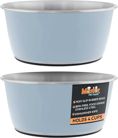 Master Pet Supply Stainless Steel Dog Bowls Set of 2 (32 Oz Each) with Non-Slip Rubber Base - Glacier Blue - Basic Dog Food Bowl Water & Food Bowls for Small Medium Large Dogs & Cats, Metal Dish