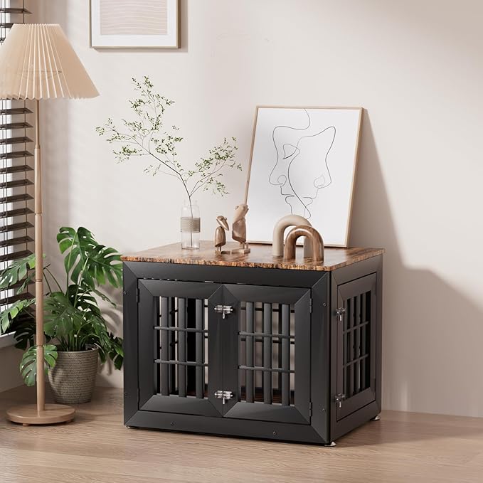 Snuowu 32" Heavy Duty Dog Crate Furniture for Small,Medium and Large Dogs,Rustic Wooden Dog Cage Kennel Indoor Furniture with Waterproof Top,Decorative Pet House Side End Table (Black & Wood)